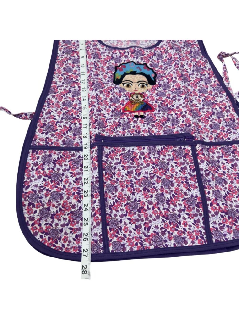 Floral Kitchen Apron With Frida Embroidery & Pockets Purple & Pink Adjustable Ti - Picture 5 of 6